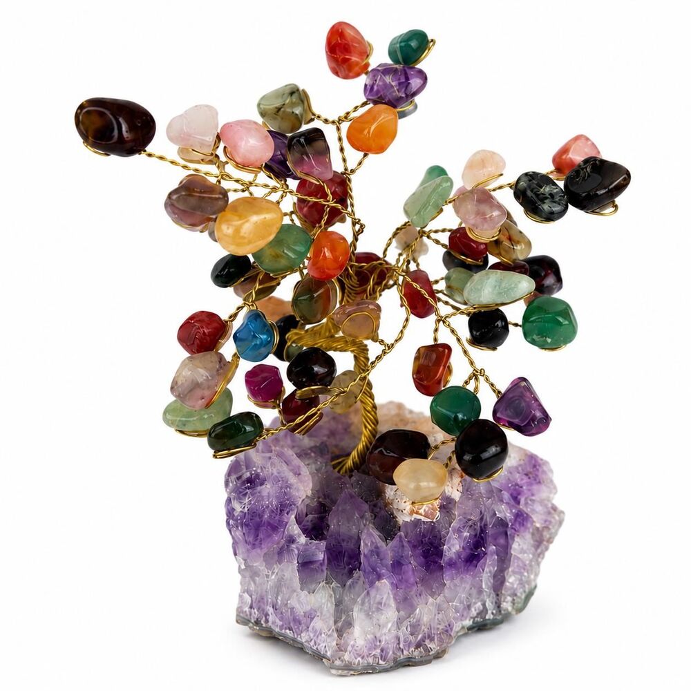 Handmade Gemstone Tree of Life | Amethyst Crystal Base, Wire Wrapped Bonsai Deco